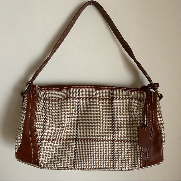 Lauren Ralph Lauren Houndstooth Barrel Shoulder Bag Brown Cream Y2K - Picture 2 of 5